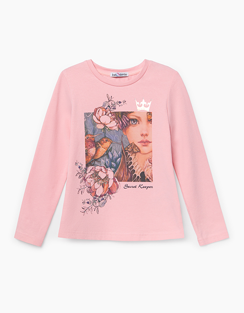 Коралловый лонгслив с принтом для девочки