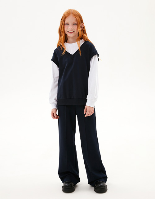 Тёмно-синий джемпер-обманка для девочки