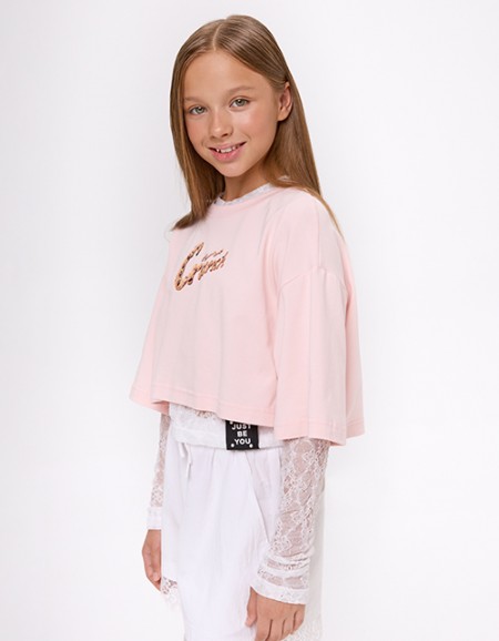 Пудрово-розовая укороченная футболка для девочки